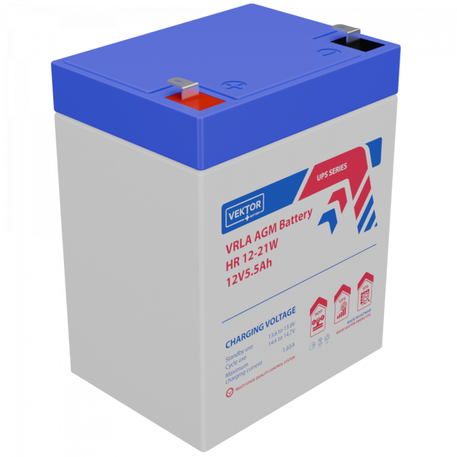 Батарея Vektor Battery серия HR, HR 12-21W, напряжение 12В, емкость 5,5 Ач (разряд 20 часов), макс. ток разряда (5 сек.) 90А, макс. ток заряда 1,1A, свинцово-кислотная типа AGM, клеммы F2, ДxШxВ 91x70x107мм., вес 1,66г., срок службы 8 лет HR 12-21W (12В / Батарея Vektor Battery серия HR, HR 12-21W, напряжение 12В, емкость 5,5 Ач (разряд 20 часов), макс. ток разряда (5 сек.) 90А, макс. ток заряда 1,1A, свинцово-кислотная типа AGM, клеммы F2, ДxШxВ 91x70x107мм., вес 1,66г., срок службы 8 лет HR 12-21W (12В /