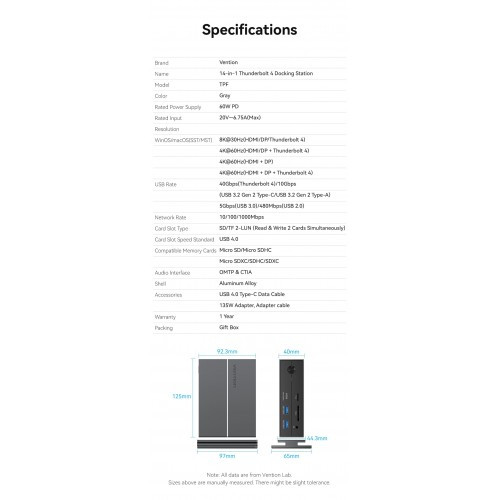 Мультифункциональная док-станция Vention USB Type C 14 в 1 с поддержкой Thunderbolt 4 Vention TPFH0-EU Мультифункциональная док-станция Vention USB Type C 14 в 1 с поддержкой Thunderbolt 4 Vention TPFH0-EU