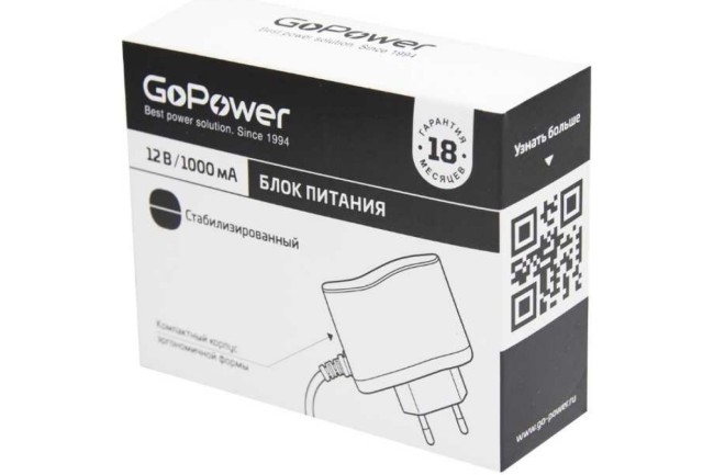 Блок питания GoPower 1.0A 12V 5,5x2,5/12мм импульсный (1/100) Блок питания GoPower 00-00018643