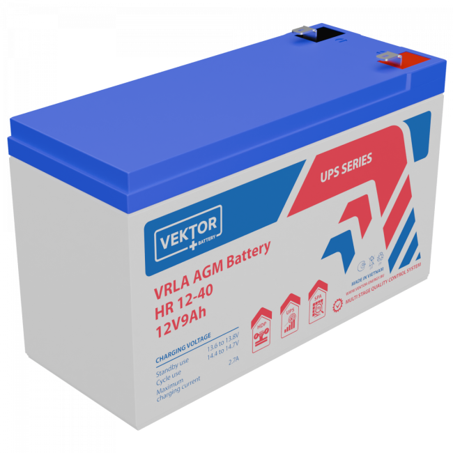 Батарея Vektor Battery серия HR, HR 12-40W, напряжение 12В, емкость 9 Ач (разряд 20 часов), макс. ток разряда (5 сек.) 135А, макс. ток заряда 2,7A, свинцово-кислотная типа AGM, клеммы F2, ДxШxВ 151x65x100мм., вес 12,55г., срок службы 8 лет HR 12-40W (12В Батарея Vektor Battery серия HR, HR 12-40W, напряжение 12В, емкость 9 Ач (разряд 20 часов), макс. ток разряда (5 сек.) 135А, макс. ток заряда 2,7A, свинцово-кислотная типа AGM, клеммы F2, ДxШxВ 151x65x100мм., вес 12,55г., срок службы 8 лет HR 12-40W (12В