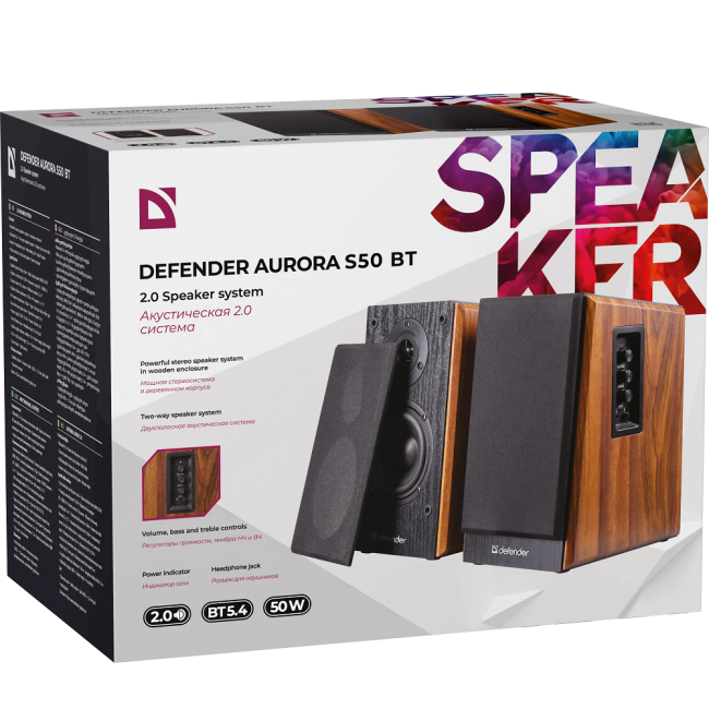 Defender Акустическая 2.0 система Aurora S50 BT 50Вт, bluetooth, 230В Defender 65151 Defender Акустическая 2.0 система Aurora S50 BT 50Вт, bluetooth, 230В Defender 65151