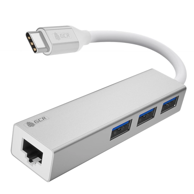 USB HUB TypeC 4в1 разветвитель на 3 порта USB 3.0 + сетевой адаптер Gigabit Ethernet RJ-45, серебристый, алюминиевый корпус, GCR-54603 Greenconnect GCR-54603