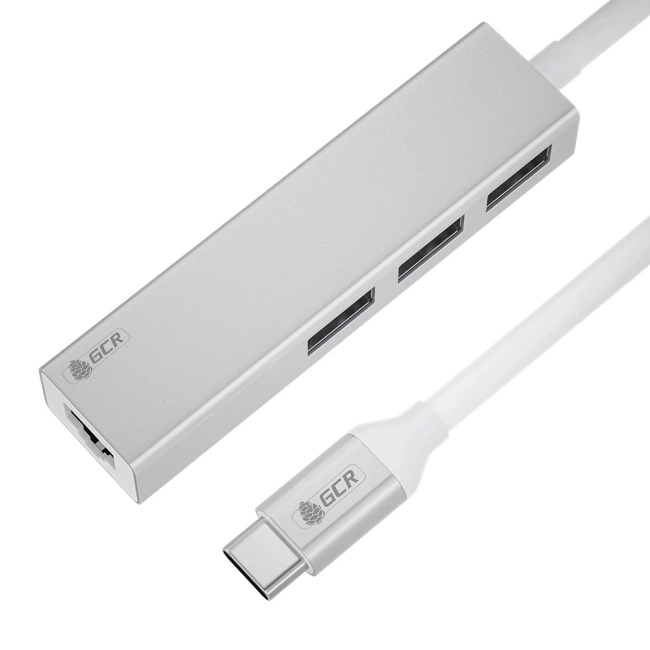 USB HUB TypeC 4в1 разветвитель на 3 порта USB 3.0 + сетевой адаптер Gigabit Ethernet RJ-45, серебристый, алюминиевый корпус, GCR-54603 Greenconnect GCR-54603