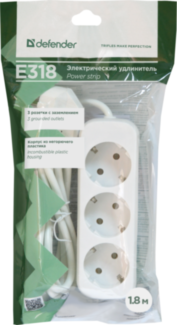 Удлинитель с заземлением Defender E318 1.8 м, 3 розетки (пакет) Defender E318 (1.8 м, 3 розетки)