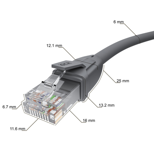GCR Патч-корд прямой 0.3m UTP кат.6, серый, 24 AWG, ethernet high speed, RJ45, T568B, GCR-52541 Greenconnect RJ45(m) - RJ45(m) Cat. 6 UTP  0.3м серый