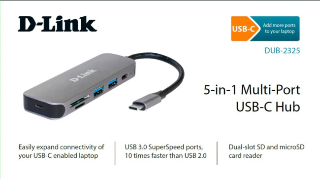 Концентратор Концентратор D-Link DUB-2325 с разъемом USB 3.0 Type-C (DUB-2325/A1A) Концентратор Концентратор D-Link DUB-2325 с разъемом USB 3.0 Type-C (DUB-2325/A1A)