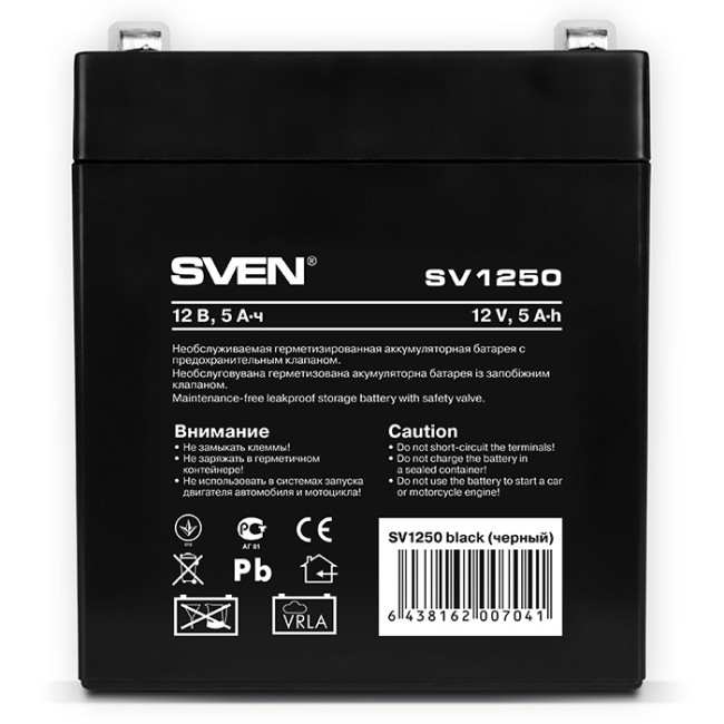 Батарея SVEN SV 1250 (12V 5Ah), напряжение 12В, емкость 5А*ч, макс. ток разряда 80А, макс. ток заряда 1.5А, свинцово-кислотная типа AGM, тип клемм F1 Sven SV-0222005 Батарея SVEN SV 1250 (12V 5Ah), напряжение 12В, емкость 5А*ч, макс. ток разряда 80А, макс. ток заряда 1.5А, свинцово-кислотная типа AGM, тип клемм F1 Sven SV-0222005