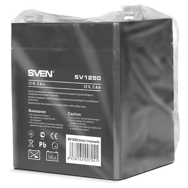 Батарея SVEN SV 1250 (12V 5Ah), напряжение 12В, емкость 5А*ч, макс. ток разряда 80А, макс. ток заряда 1.5А, свинцово-кислотная типа AGM, тип клемм F1 Sven SV-0222005 Батарея SVEN SV 1250 (12V 5Ah), напряжение 12В, емкость 5А*ч, макс. ток разряда 80А, макс. ток заряда 1.5А, свинцово-кислотная типа AGM, тип клемм F1 Sven SV-0222005