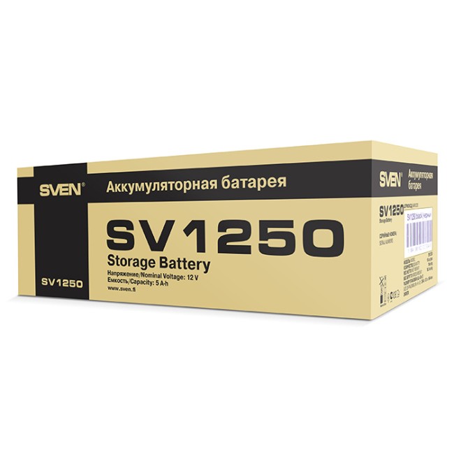 Батарея SVEN SV 1250 (12V 5Ah), напряжение 12В, емкость 5А*ч, макс. ток разряда 80А, макс. ток заряда 1.5А, свинцово-кислотная типа AGM, тип клемм F1 Sven SV-0222005 Батарея SVEN SV 1250 (12V 5Ah), напряжение 12В, емкость 5А*ч, макс. ток разряда 80А, макс. ток заряда 1.5А, свинцово-кислотная типа AGM, тип клемм F1 Sven SV-0222005