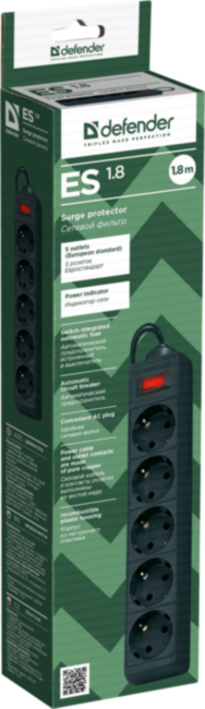 Сетевой фильтр Defender ES 1.8 1,8 м, черный, 5 розеток Defender ES 1.8 (1.8 м, 5 розеток)