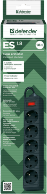 Сетевой фильтр Defender ES 1.8 1,8 м, черный, 5 розеток Defender ES 1.8 (1.8 м, 5 розеток)