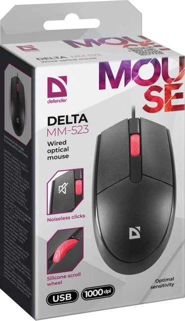 Defender Проводная оптическая мышь Delta MM-523 черн,3D,бесшумная,1,8м,1000dpi Defender 52523