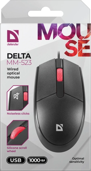Defender Проводная оптическая мышь Delta MM-523 черн,3D,бесшумная,1,8м,1000dpi Defender 52523