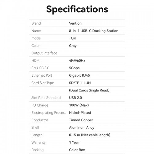 Мультифункциональный хаб Vention USB Type C 8 в 1 Vention TQKHB Мультифункциональный хаб Vention USB Type C 8 в 1 Vention TQKHB