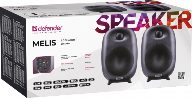Defender Акустическая 2.0 система Melis 60Вт, черн.,BT/USB/Opt/ARC/DSP Defender Melis Defender Акустическая 2.0 система Melis 60Вт, черн.,BT/USB/Opt/ARC/DSP Defender Melis