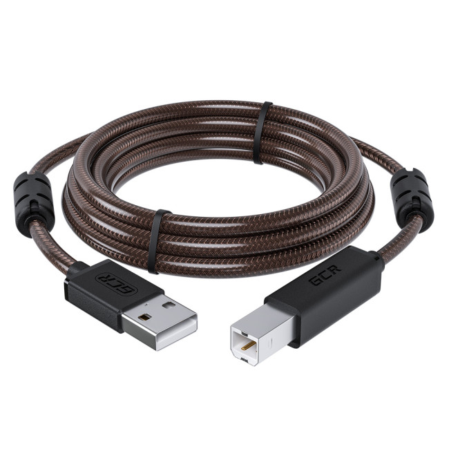 GCR Кабель PROF 5.0m USB 2.0, AM/BM, черно-прозрачный, ферритовые кольца, 28/24 AWG, экран, армированный, морозостойкий, GCR-52419 Greenconnect USB 2.0 AM - USB 2.0 BM