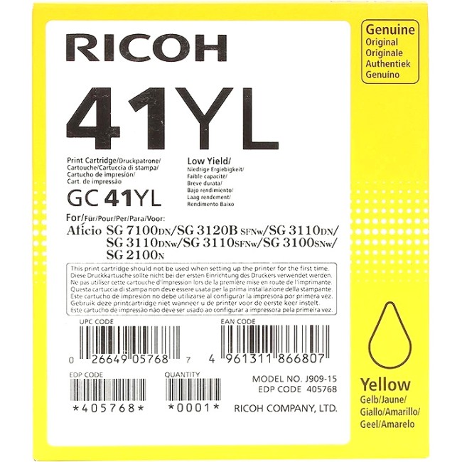 GC 41YL Картридж для гелевого принтера Жёлтый Ricoh 405768 GC 41YL Картридж для гелевого принтера Жёлтый Ricoh 405768