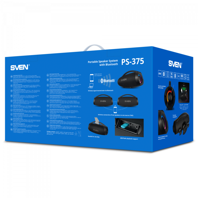 АС SVEN PS-375, черный, акустическая система (60 Вт, TWS, Bluetooth, USB, 4500мА*ч) SVEN PS-375 АС SVEN PS-375, черный, акустическая система (60 Вт, TWS, Bluetooth, USB, 4500мА*ч) SVEN PS-375