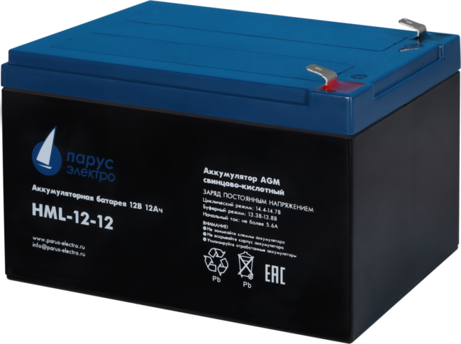 Батарея Парус Электро, профессиональная серия HML-12-12, напряжение 12В, емкость 12Ач (разряд 20 часов), макс. ток разряда (5сек) 180А, макс. ток заряда 4.8А, свинцово-кислотная типа AGM, клеммы F2, ДхШхВ 151х98х95мм., полная высота с клеммами 101мм., вес