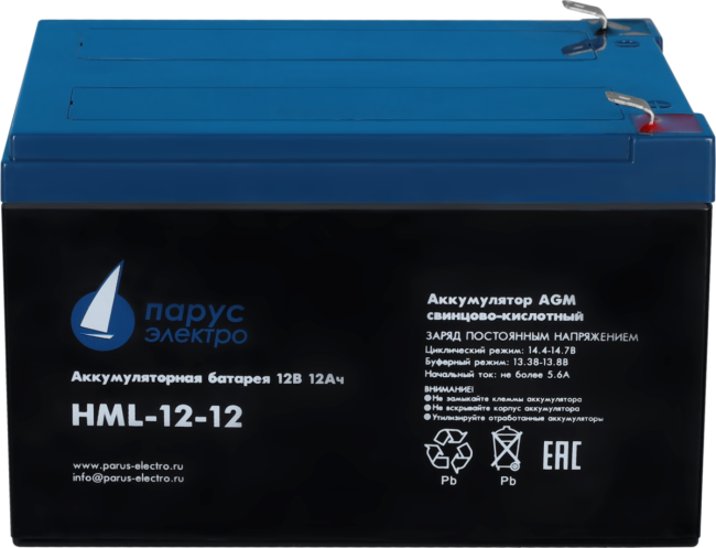 Батарея Парус Электро, профессиональная серия HML-12-12, напряжение 12В, емкость 12Ач (разряд 20 часов), макс. ток разряда (5сек) 180А, макс. ток заряда 4.8А, свинцово-кислотная типа AGM, клеммы F2, ДхШхВ 151х98х95мм., полная высота с клеммами 101мм., вес
