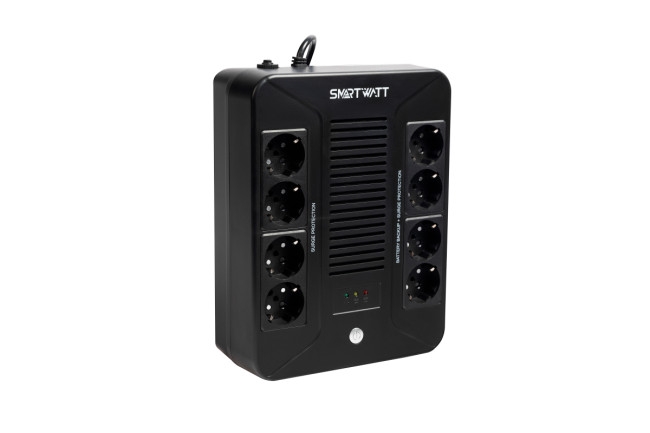 ИБП SMARTWATT UPS SAFE PRO 800, линейно-интерактивный, мощность 800/480 ВА/Вт, напольный/настенный, LED индикация, Shuko CEE7/4-8 шт. (4 шт. с резервным питанием, 4 шт.-сетевой фильтр), батарея 12В 8Ач 1шт., 205x285x94мм., 5.8кг., артикул 3703020270003 SM ИБП SMARTWATT UPS SAFE PRO 800, линейно-интерактивный, мощность 800/480 ВА/Вт, напольный/настенный, LED индикация, Shuko CEE7/4-8 шт. (4 шт. с резервным питанием, 4 шт.-сетевой фильтр), батарея 12В 8Ач 1шт., 205x285x94мм., 5.8кг., артикул 3703020270003 SM