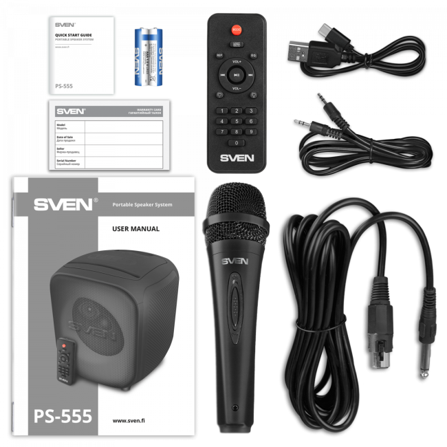 АС SVEN PS-555, черный, акустическая система (65 Вт, TWS, Bluetooth, USB, microSD, пульт, 4000мА*ч) SVEN PS-555