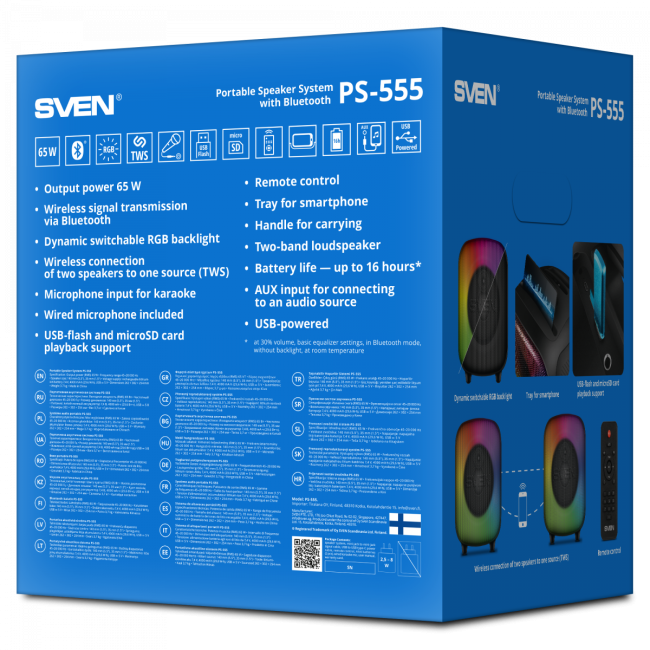 АС SVEN PS-555, черный, акустическая система (65 Вт, TWS, Bluetooth, USB, microSD, пульт, 4000мА*ч) SVEN PS-555