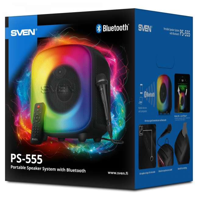 АС SVEN PS-555, черный, акустическая система (65 Вт, TWS, Bluetooth, USB, microSD, пульт, 4000мА*ч) SVEN PS-555