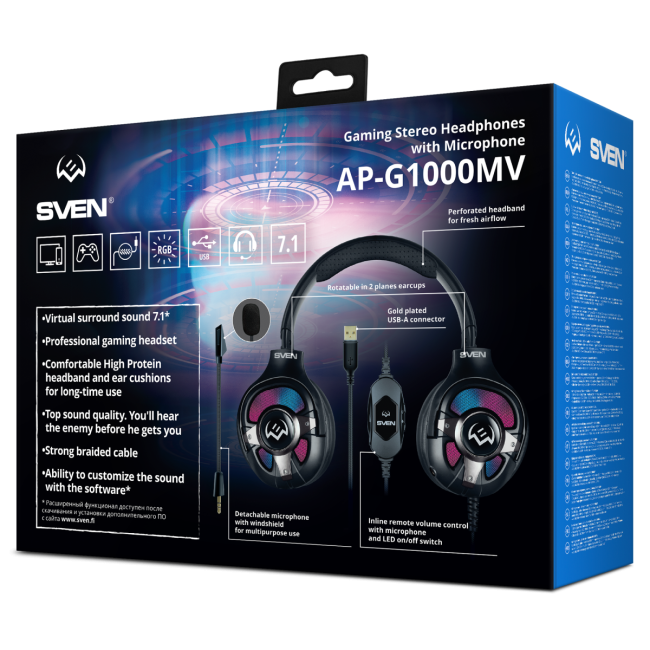 Игровые наушники с микрофоном SVEN AP-U1100MV, черный (USB, RGB, 7.1) SVEN AP-U1100MV SV-020828 Игровые наушники с микрофоном SVEN AP-U1100MV, черный (USB, RGB, 7.1) SVEN AP-U1100MV SV-020828