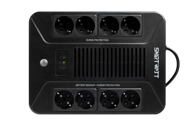 ИБП SMARTWATT UPS SAFE PRO 1000, линейно-интерактивный, мощность 1000/600 ВА/Вт, напольный/настенный, LED индикация, Shuko CEE7/4-8 шт. (4 шт. с резервным питанием, 4 шт.-сетевой фильтр), батарея 12В 9Ач 1шт., 205x285x94мм., 6.2кг., артикул 3703020270001 ИБП SMARTWATT UPS SAFE PRO 1000, линейно-интерактивный, мощность 1000/600 ВА/Вт, напольный/настенный, LED индикация, Shuko CEE7/4-8 шт. (4 шт. с резервным питанием, 4 шт.-сетевой фильтр), батарея 12В 9Ач 1шт., 205x285x94мм., 6.2кг., артикул 3703020270001