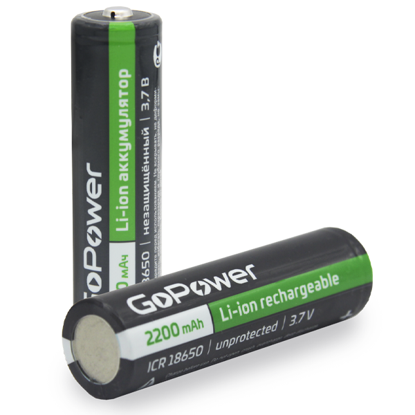 Аккумулятор Li-ion GoPower 18650 PC1 3.6V 2200mAh без защиты выс.конт. (1/80/160) Аккумулятор Li-ion GoPower 18650 без защиты с высоким контактом (00-00018352)