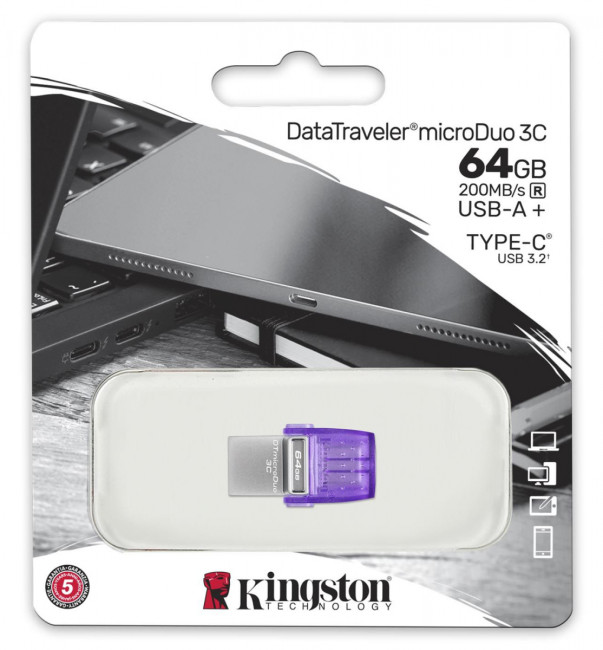Флэш USB Kingston 64GB DataTraveler microDuo 3C 200MB/s dual USB-A + USB-C Kingston DataTraveler microDuo 3C 64GB (DTDUO3CG3/64GB)