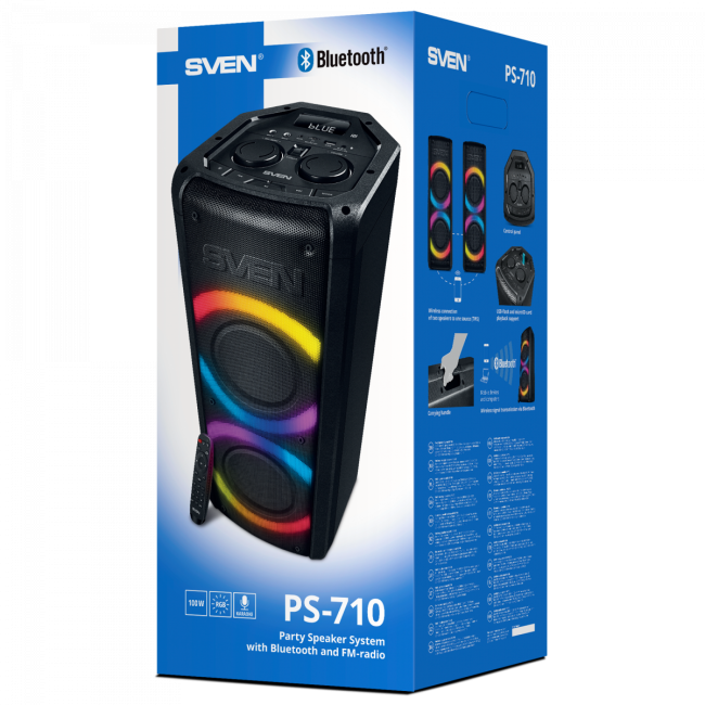 АС SVEN PS-710, черный, акустическая система (100 Вт, TWS, Bluetooth, FM, USB, microSD, LED-дисплей, 4400мА*ч) SVEN PS-710 АС SVEN PS-710, черный, акустическая система (100 Вт, TWS, Bluetooth, FM, USB, microSD, LED-дисплей, 4400мА*ч) SVEN PS-710