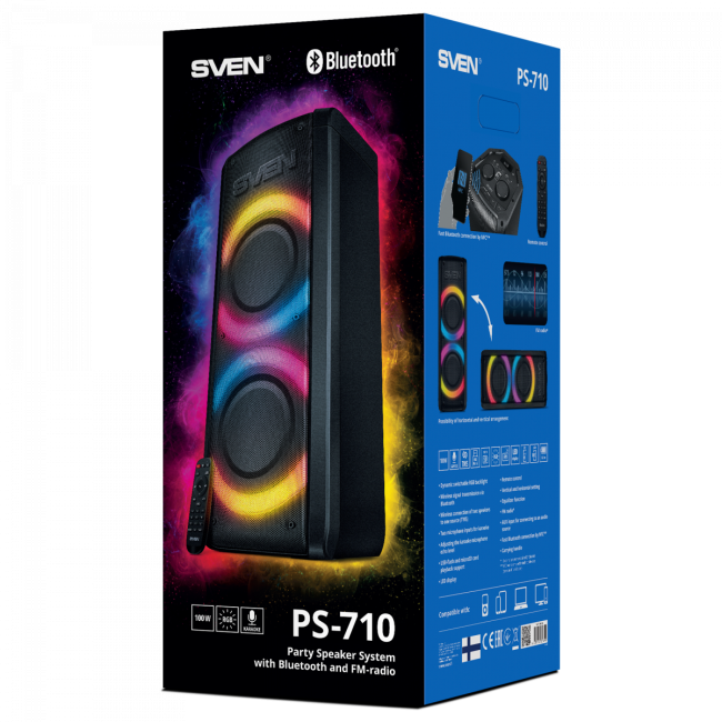 АС SVEN PS-710, черный, акустическая система (100 Вт, TWS, Bluetooth, FM, USB, microSD, LED-дисплей, 4400мА*ч) SVEN PS-710 АС SVEN PS-710, черный, акустическая система (100 Вт, TWS, Bluetooth, FM, USB, microSD, LED-дисплей, 4400мА*ч) SVEN PS-710