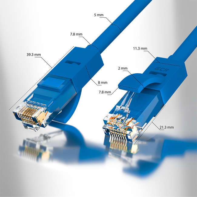 GCR Патч-корд прямой 35.0m UTP кат.5e, синий, позолоченные контакты, 24 AWG, литой, ethernet high speed 1 Гбит/с, RJ45, T568B, GCR-50947 Greenconnect RJ45(m) - RJ45(m) Cat. 5e UTP  35м синий