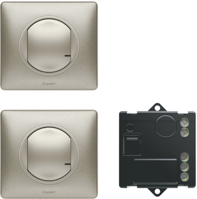 CLN ТИТ Пакет упр.осв.2х м. Набор умных беспроводных выключателей Legrand серия Celiane with NETATMO, Цвет Титан. Готовое решение для управления освещением. Состоит: Микромодуль реле 300 Вт 240В + два умных беспроводных 1-клавишных выключателя + Рамки Тит