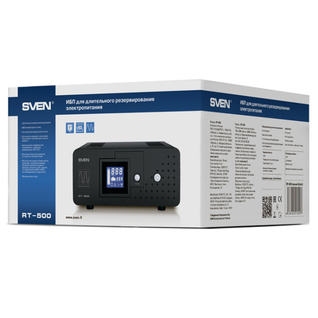 ИБП SVEN RT-500, линейно-интерактивный непрерывного действия с длительным временем резервирования, автоматический стабилизатор напряжения, 300Вт, 500Ва, 1 евророзетка, аккумуляторные батареи в комплект не входят, 300мм?270мм?140мм, 5.66 кг SVEN RT-500