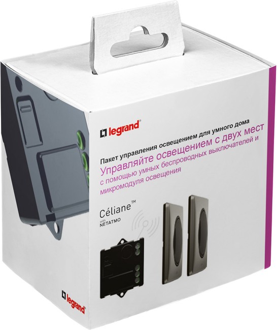 CLN ГРФ Пакет упр.осв.2х м. Набор умных беспроводных выключателей Legrand серия Celiane with NETATMO, Цвет Графит. Готовое решение для управления освещением. Состоит: Микромодуль реле 300 Вт 240В + два умных беспроводных 1-клавишных выключателя + Рамки Во