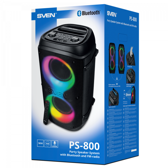 АС SVEN PS-800, черный, акустическая система (100 Вт, TWS, Bluetooth, FM, USB, microSD, LED-дисплей, 4400мА*ч) SVEN PS-800 АС SVEN PS-800, черный, акустическая система (100 Вт, TWS, Bluetooth, FM, USB, microSD, LED-дисплей, 4400мА*ч) SVEN PS-800