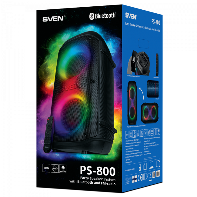 АС SVEN PS-800, черный, акустическая система (100 Вт, TWS, Bluetooth, FM, USB, microSD, LED-дисплей, 4400мА*ч) SVEN PS-800 АС SVEN PS-800, черный, акустическая система (100 Вт, TWS, Bluetooth, FM, USB, microSD, LED-дисплей, 4400мА*ч) SVEN PS-800