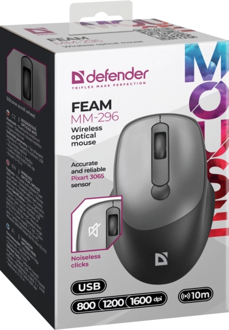 Defender Беспроводная оптическая мышь Feam MM-296 черный,4D,800-1600dpi,бесшумн Defender 52296