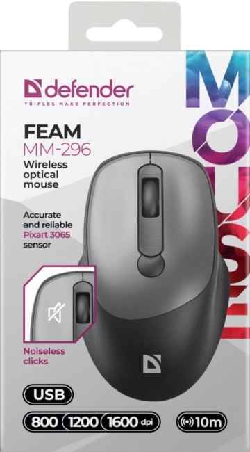 Defender Беспроводная оптическая мышь Feam MM-296 черный,4D,800-1600dpi,бесшумн Defender 52296