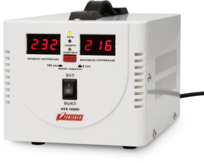 Стабилизатор POWERMAN AVS 1000D, ступенчатый регулятор, цифровые индикаторы уровней напряжения, 1000ВА, 140-260В, максимальный входной ток 7А, 2 евророзетки, IP-20, напольный,  200мм х 150мм х 140мм, 2,3 кг. POWERMAN AVS 1000D