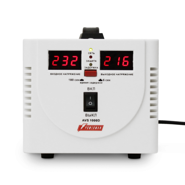 Стабилизатор POWERMAN AVS 1000D, ступенчатый регулятор, цифровые индикаторы уровней напряжения, 1000ВА, 140-260В, максимальный входной ток 7А, 2 евророзетки, IP-20, напольный, 200мм х 150мм х 140мм, 2,3 кг. POWERMAN AVS 1000D Стабилизатор POWERMAN AVS 1000D, ступенчатый регулятор, цифровые индикаторы уровней напряжения, 1000ВА, 140-260В, максимальный входной ток 7А, 2 евророзетки, IP-20, напольный, 200мм х 150мм х 140мм, 2,3 кг. POWERMAN AVS 1000D