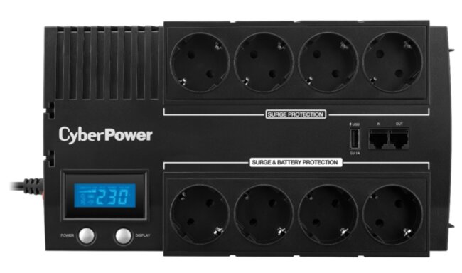 ИБП CyberPower BR1200ELCD, Line-Interactive, 1200VA/720W, 8 Schuko розеток, USB&USB Charger, RJ11/RJ45, LCD дисплей, Black, 0.33х0.2х0.01м., 9кг. CyberPower BR1200ELCD 1200VA
