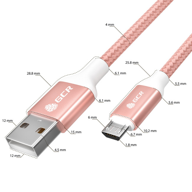 GCR QC Кабель 0.5m MicroUSB, быстрая зарядка, розовый нейлон, AL корпус розовый, белый ПВХ, 28/24 AWG, GCR-52464 Greenconnect USB 2.0 Type-AM - microUSB 2.0 (m) 0.5м