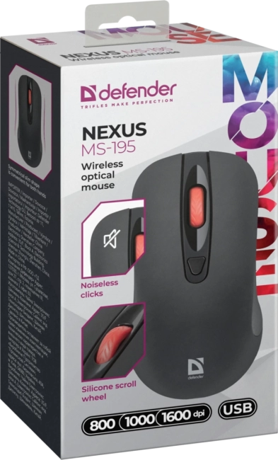 Defender Беспроводная оптическая мышь Nexus MS-195 черный,4 кнопки,800-1600 dpi Defender 52195