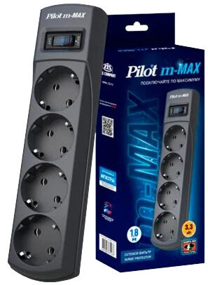 Сетевой фильтр Pilot m Max 4 розетки (евро с заземлением), 15А/3.3кВа, автомат, 3 м, графит ZIS Pilot m-Max (3 м, 4 розетки)