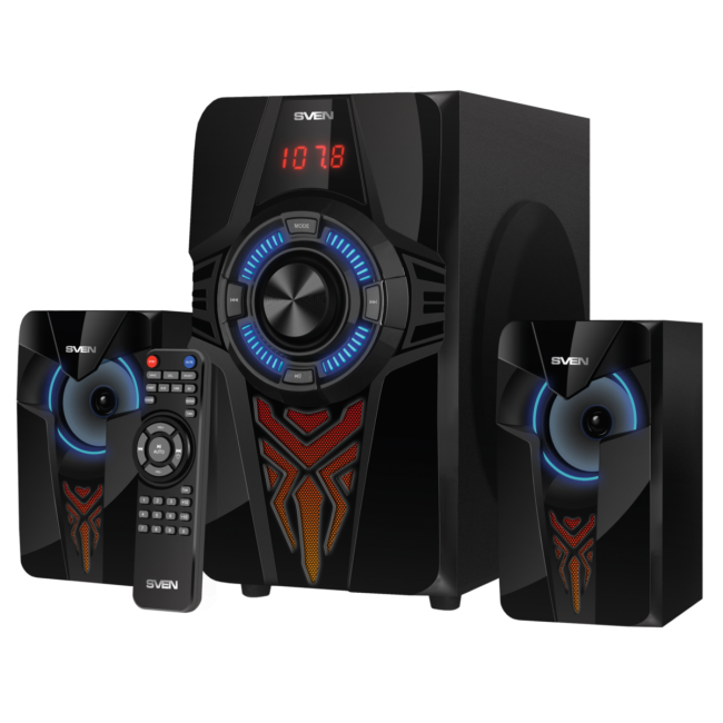 SVEN MS-2070, чёрный, акустическая система 2.1, мощность (RMS):30Вт + 2x15 Вт, FM-тюнер, USB/SD, дисплей, пульт ДУ, Bluetooth Sven SV-018030 SVEN MS-2070, чёрный, акустическая система 2.1, мощность (RMS):30Вт + 2x15 Вт, FM-тюнер, USB/SD, дисплей, пульт ДУ, Bluetooth Sven SV-018030