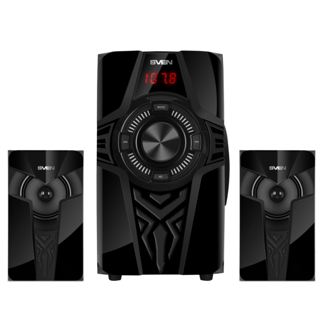 SVEN MS-2070, чёрный, акустическая система 2.1, мощность (RMS):30Вт + 2x15 Вт, FM-тюнер, USB/SD, дисплей, пульт ДУ, Bluetooth Sven SV-018030 SVEN MS-2070, чёрный, акустическая система 2.1, мощность (RMS):30Вт + 2x15 Вт, FM-тюнер, USB/SD, дисплей, пульт ДУ, Bluetooth Sven SV-018030